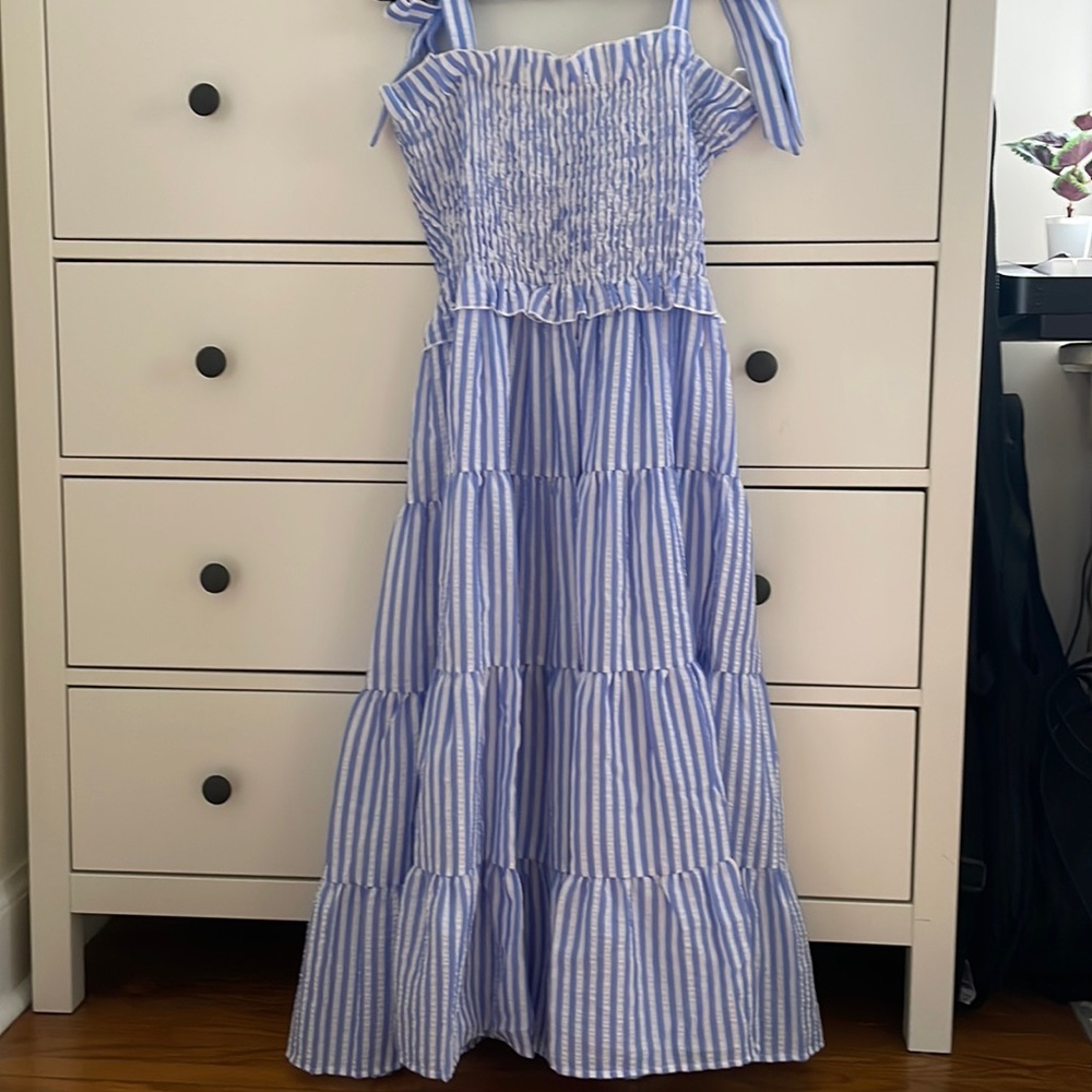 Beautiful Blue and White Striped Tiered Midi Dress